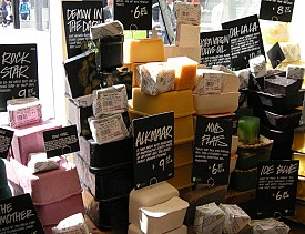 Delicious smelling soaps on display at a Lush store. Save the soap slivers and do something great with them! (Photo: Nicolas Toper/Wikimedia Commons)