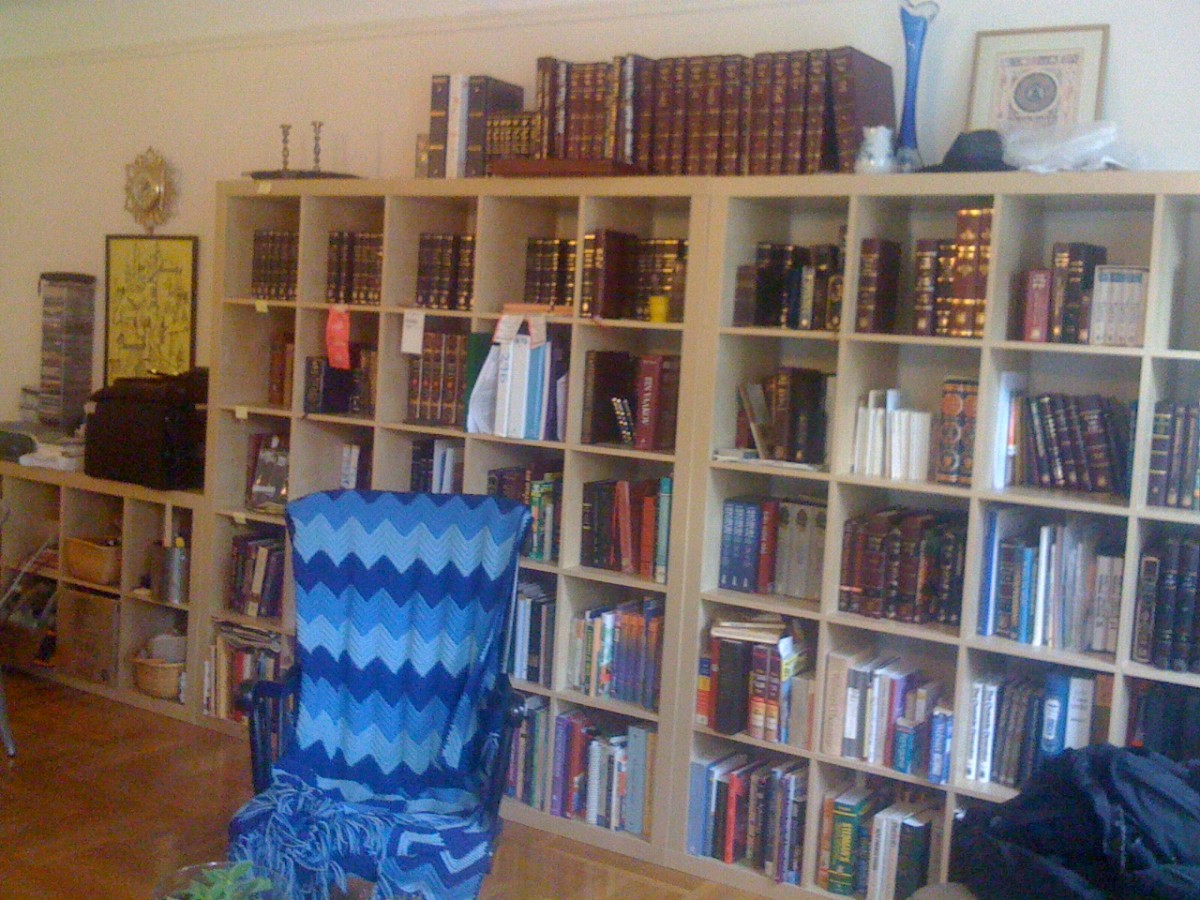 One wall of my living room is entirely covered by IKEA Expedit shelving units. -Chaya