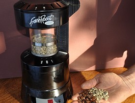 My coffee roaster, with beans before and after.