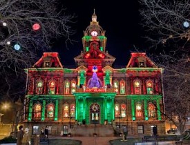 The Guernsey County Courthouse light show in the Dickens Victorian Village. Photo: DickensVictorianVillage.com