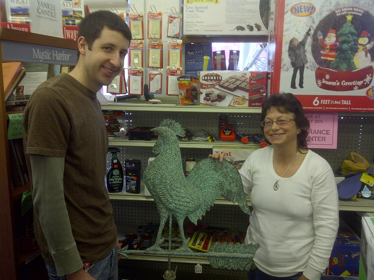 Bob Putnam and me with a super cute copper weather vane at Brown and Roberts Hardware Store in Brattleboro. --Cris