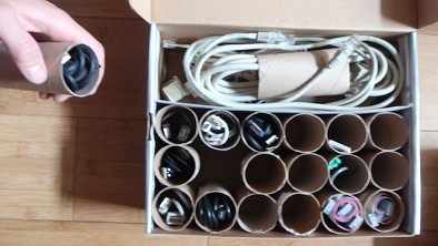 Check out this toilet paper tube cable organizer. Via Lifehacker.