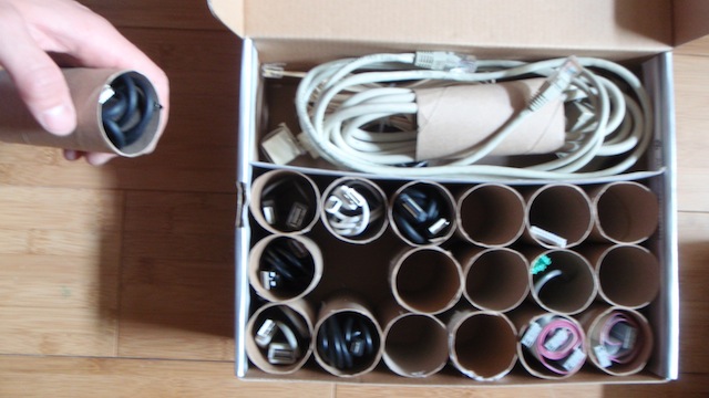 Check out this toilet paper tube cable organizer. Via Lifehacker.