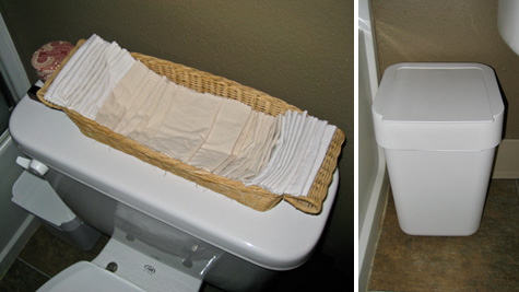The author's family cloth and used cloth bin. 