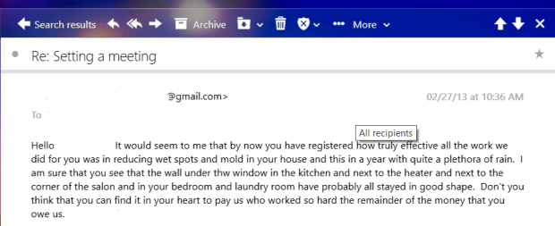 Contractor email asking for money